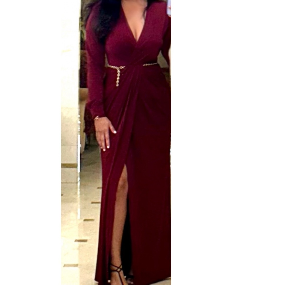 L'AGENCE Red Plunge Long Sleeve Gown with Slit